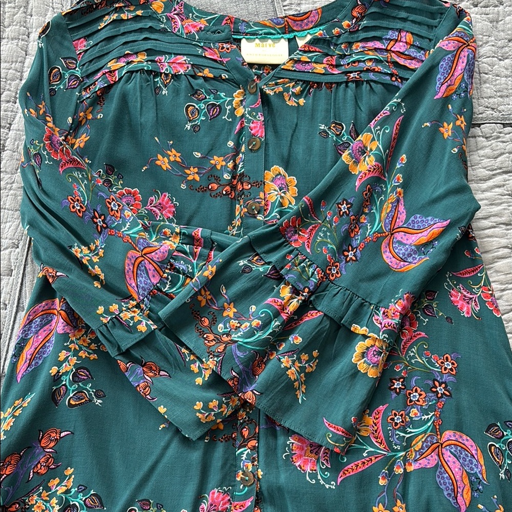 Anthropologie Maeve Teal and Multicolor Floral Blouse